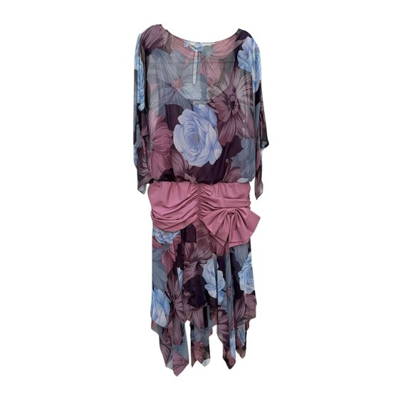 Pat Richards Dresses & Skirts - Floral Asymmetric Draped Bow Dress 16 VTG 80s Sheer Purple Blue Ruched Maiello